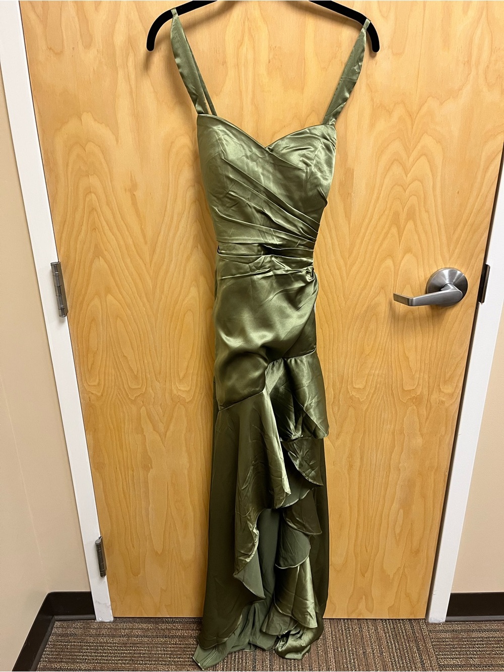 NWT Olive Green Satin Ruffle-Trim Dress with Slit